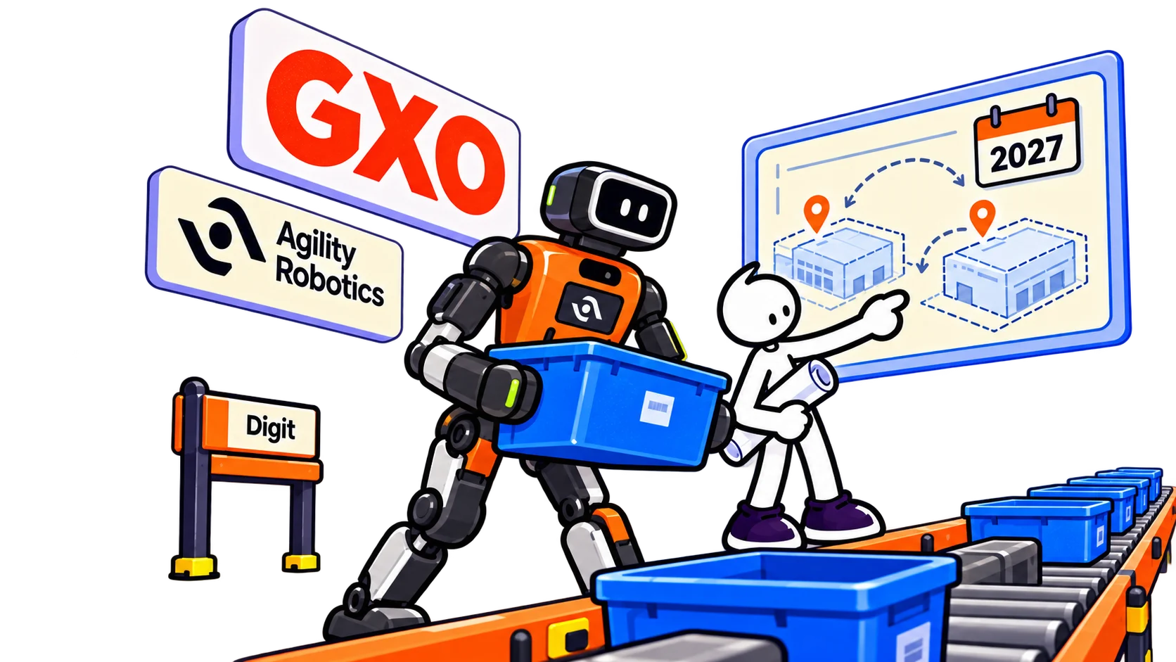 GXO characters and Digit move totes while planning two additional warehouse deployments.
