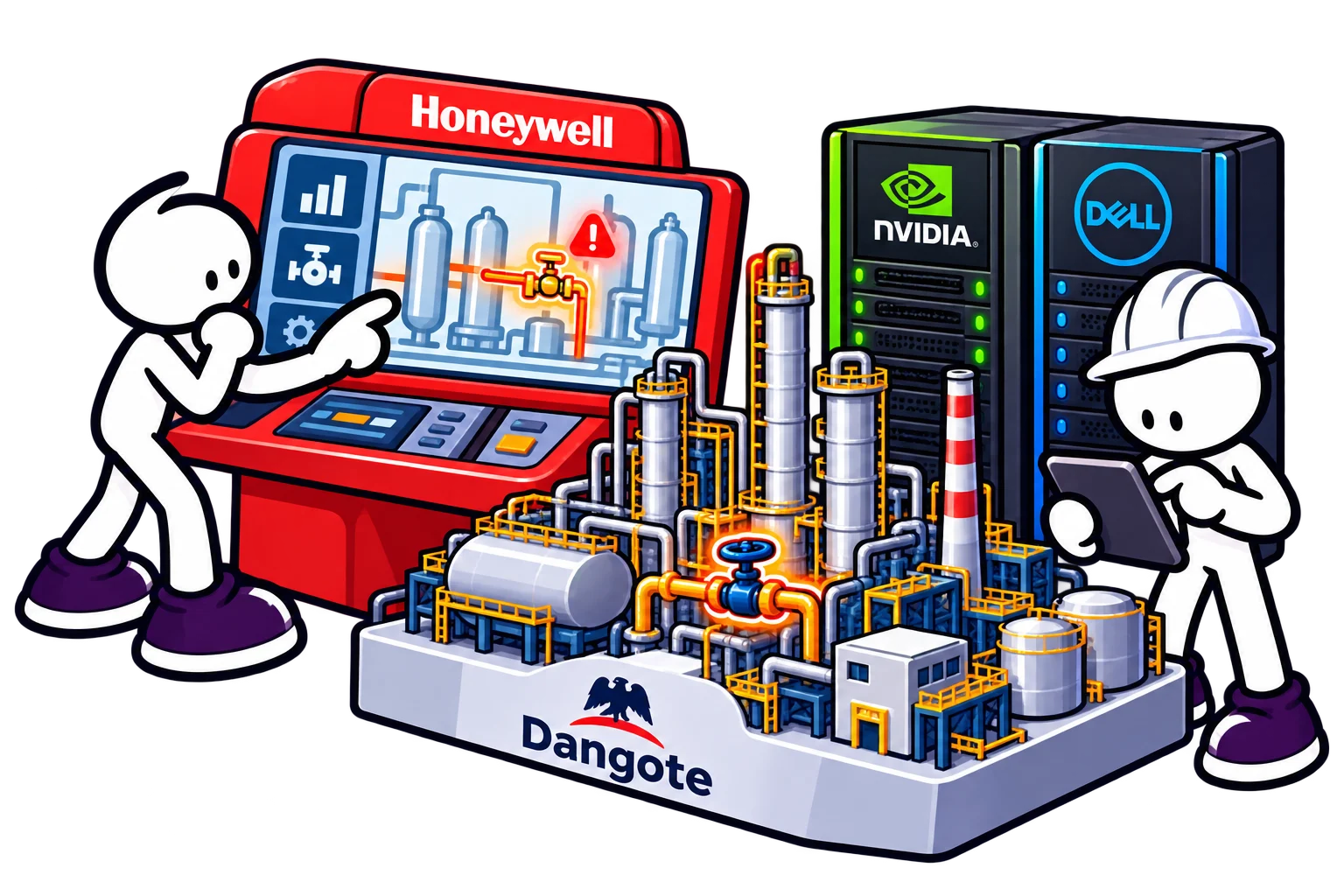 Cartoon industrial specialists connect refinery operations with Honeywell, NVIDIA and Dell technology.