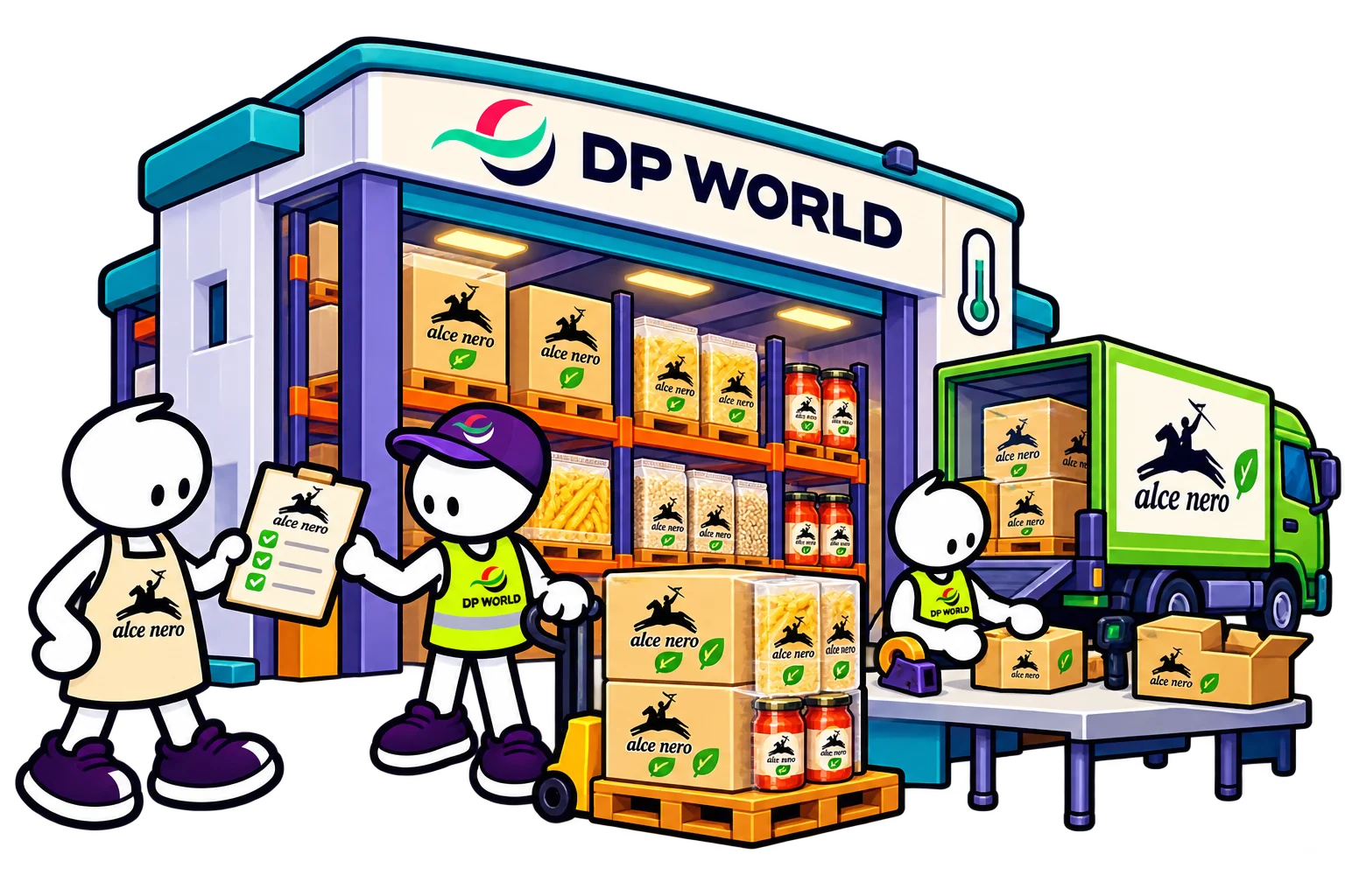 DP World characters move Alce Nero goods through a shared logistics hub with room for more customers.