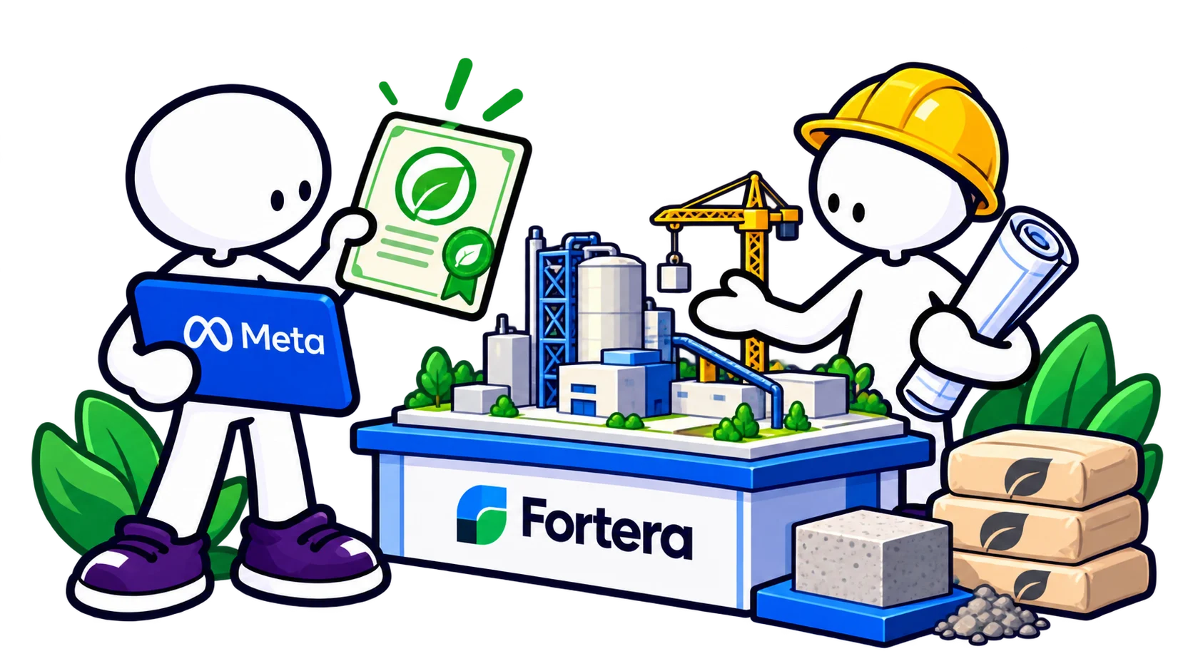 Meta and Fortera characters distinguish a cement shipment, an environmental certificate and a future plant.