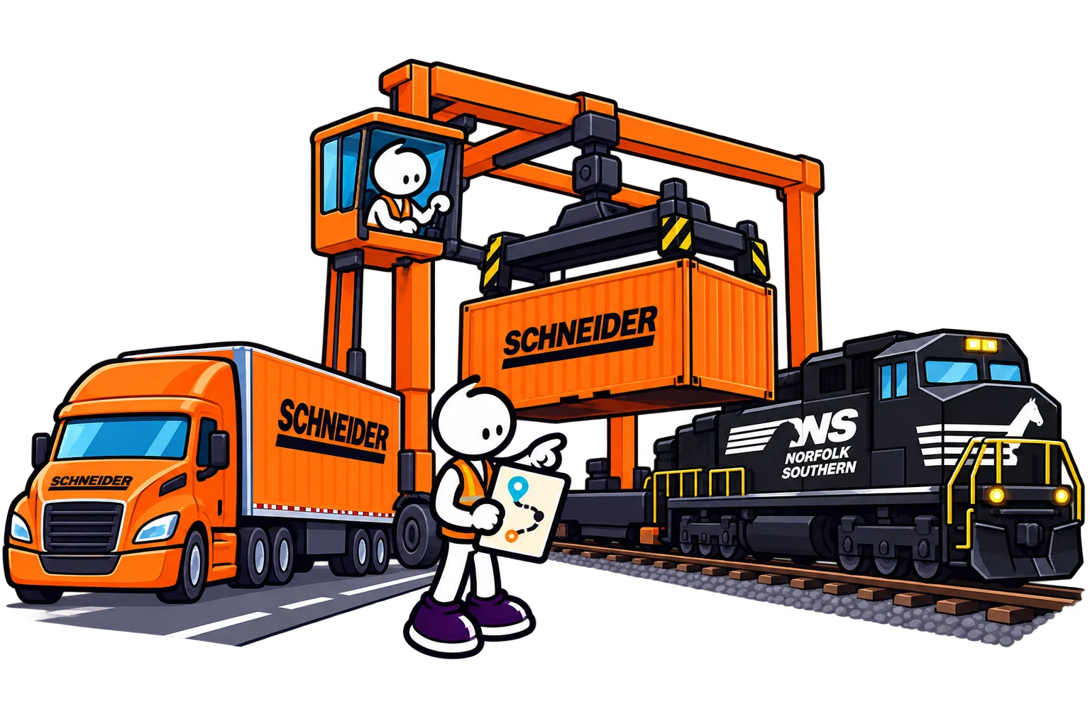 Schneider containers move between trucks and a Norfolk Southern freight train.