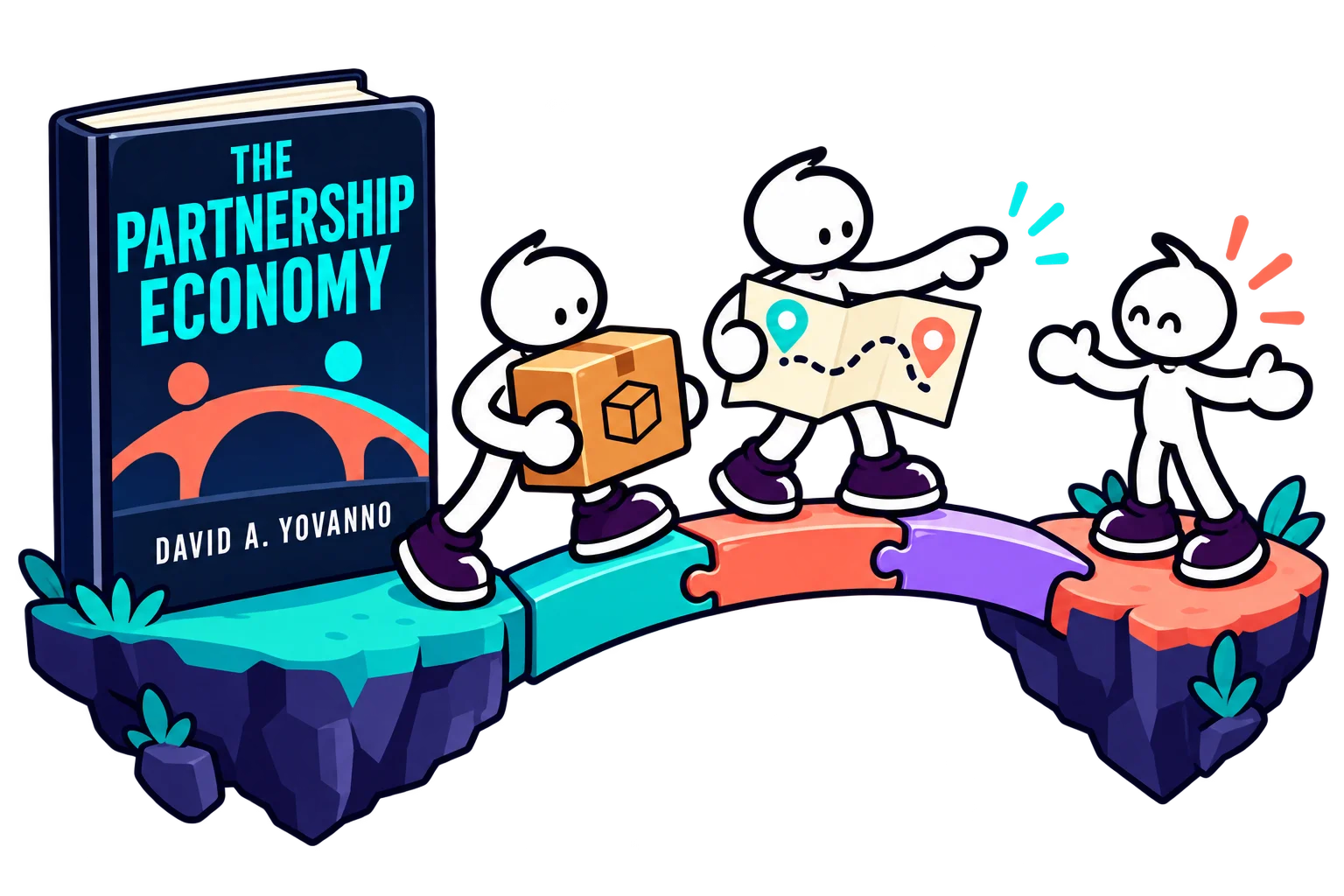 Cartoon partners build a bridge from complementary capabilities beside The Partnership Economy.