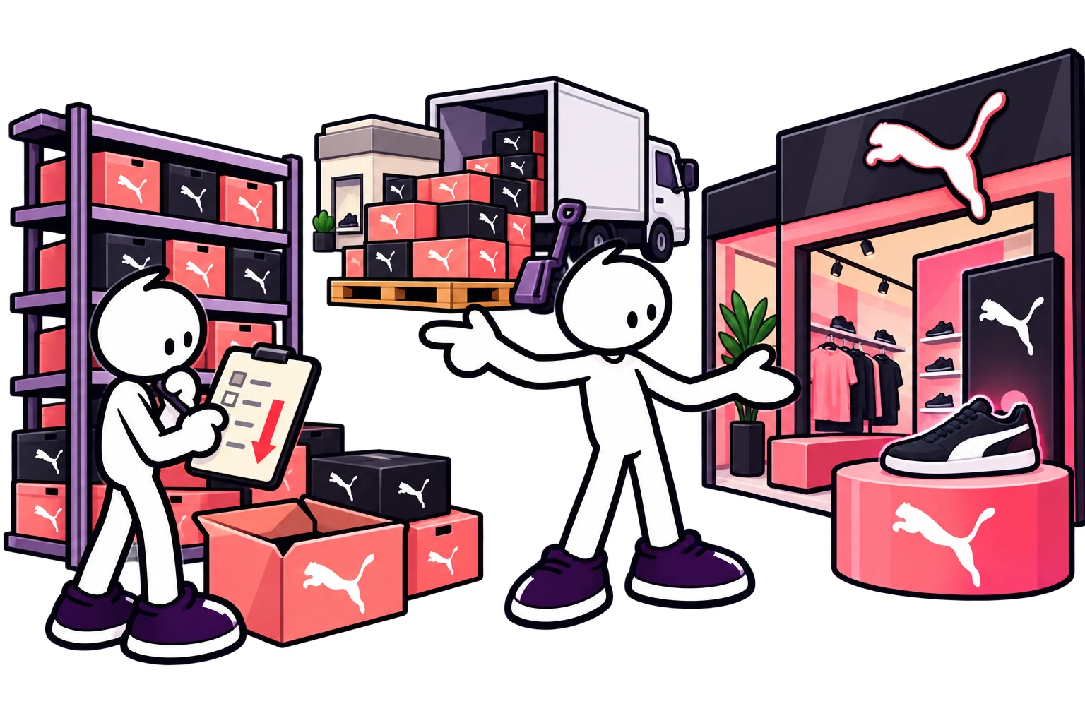 Cartoon PUMA characters compare the wholesale route, direct sales and remaining inventory.