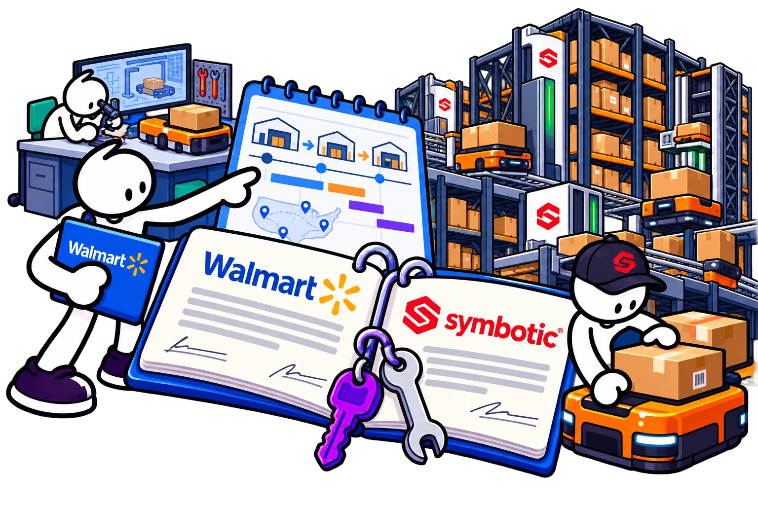 White cartoon characters connect Walmart’s warehouse plan and Symbotic robots through a shared contract.