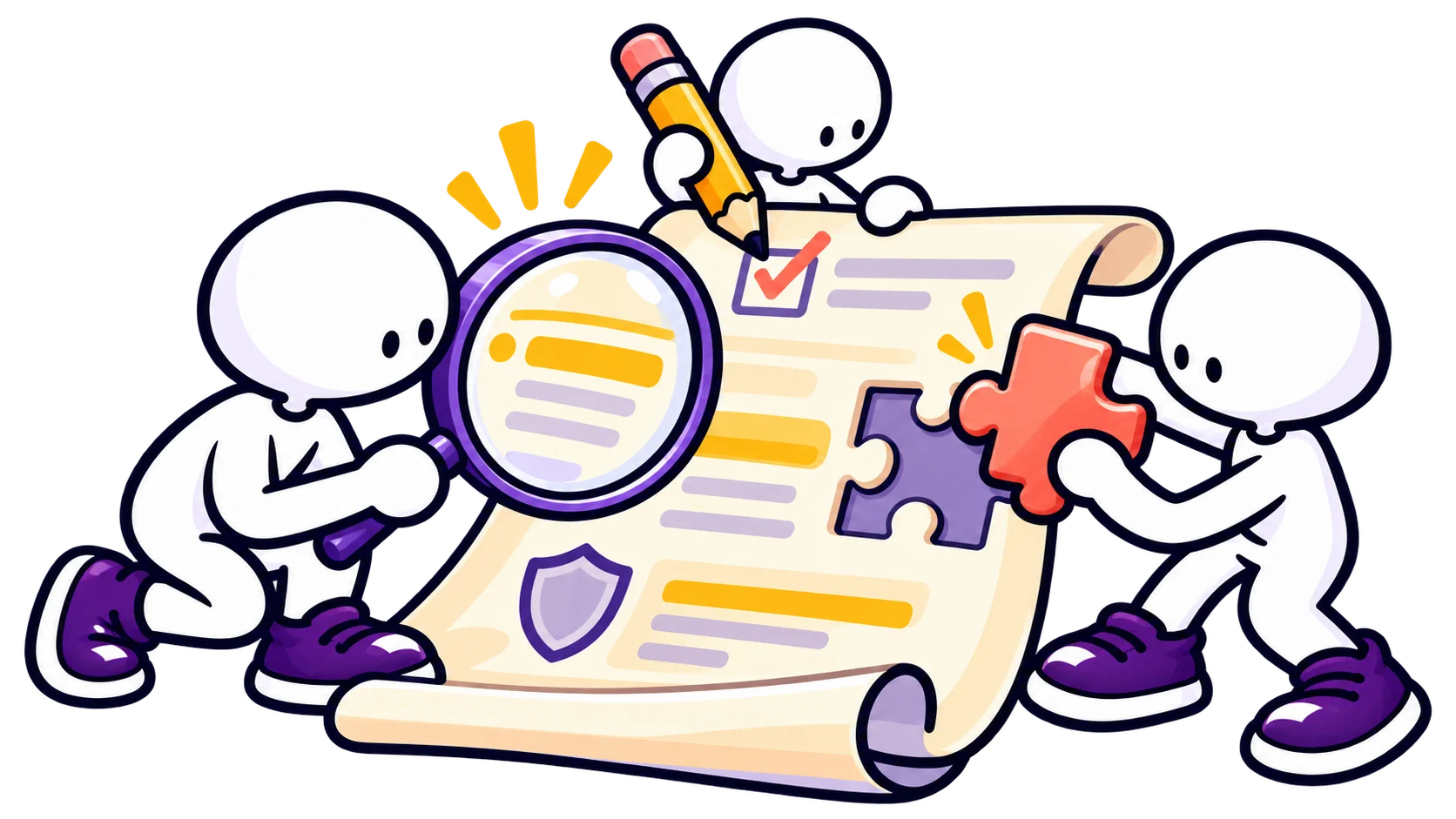 Three white cartoon colleagues inspect a contract, fill a missing piece and agree a concrete change.