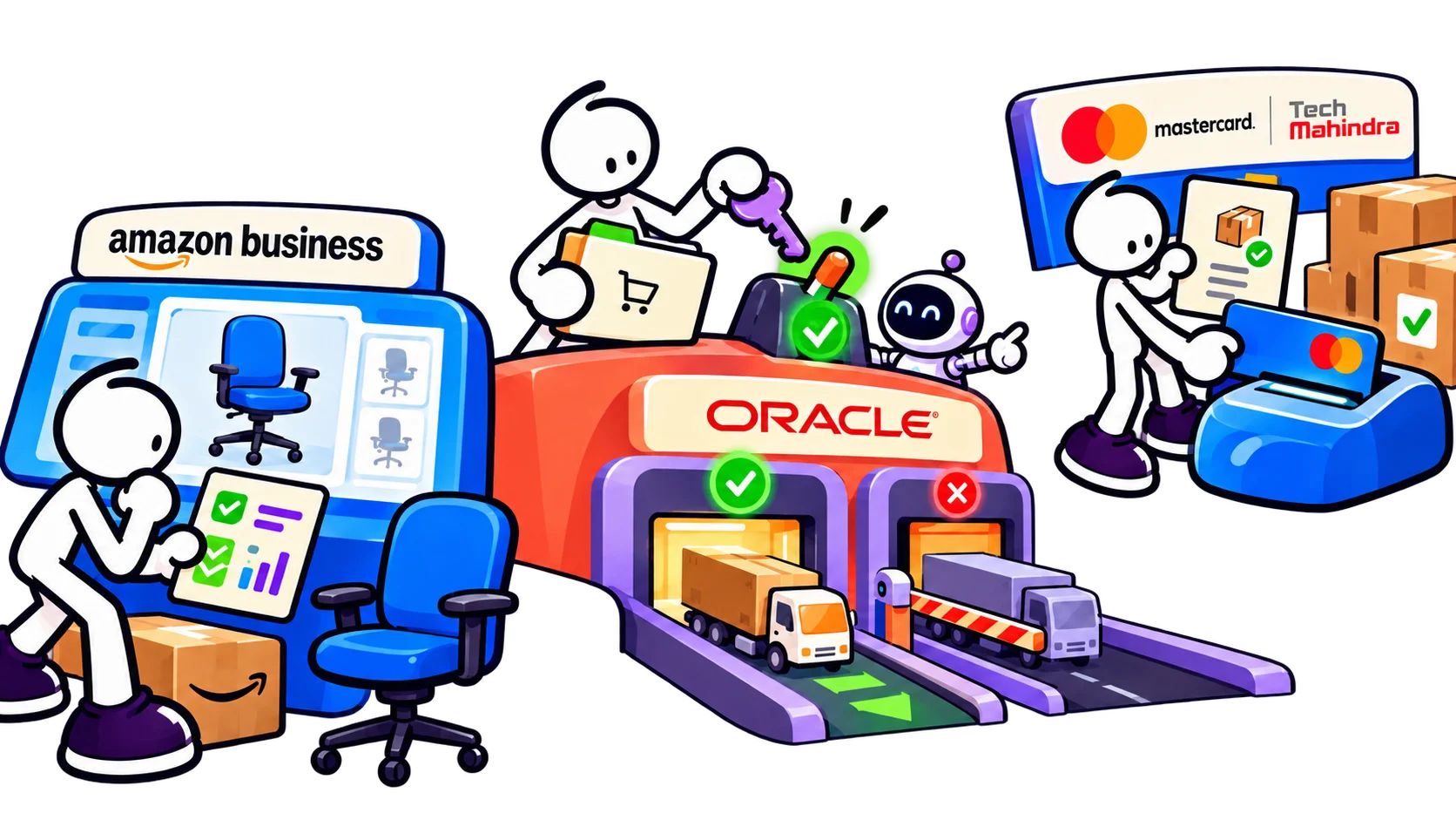 Cartoon buyers connect product selection, enterprise systems and payments; the companies represent separate announcements.